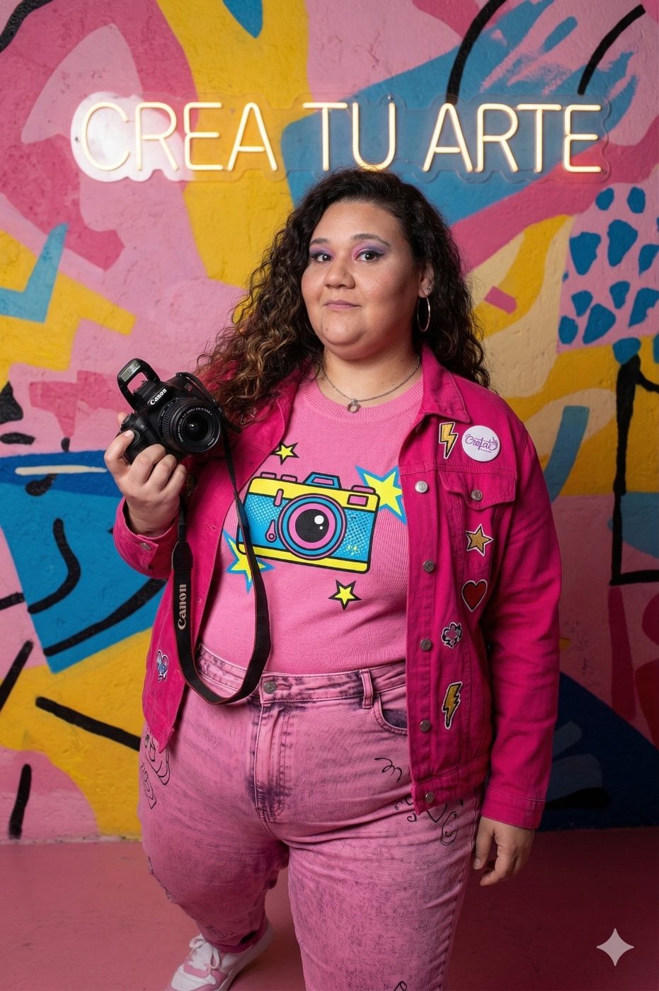 Rocío, fotógrafa del equipo de Proyecto Confite, con cámara frente a un mural