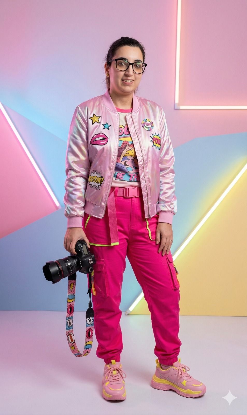 Integrante del equipo de Proyecto Confite con estilo pop art y cámara en mano