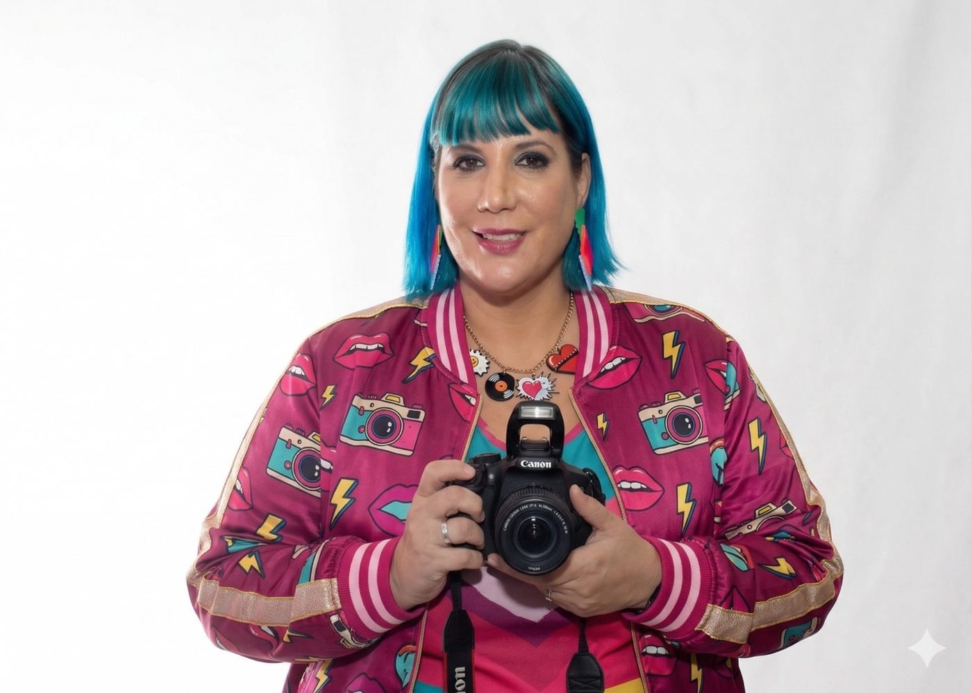 Integrante del equipo de Proyecto Confite con cámara, estilo pop art